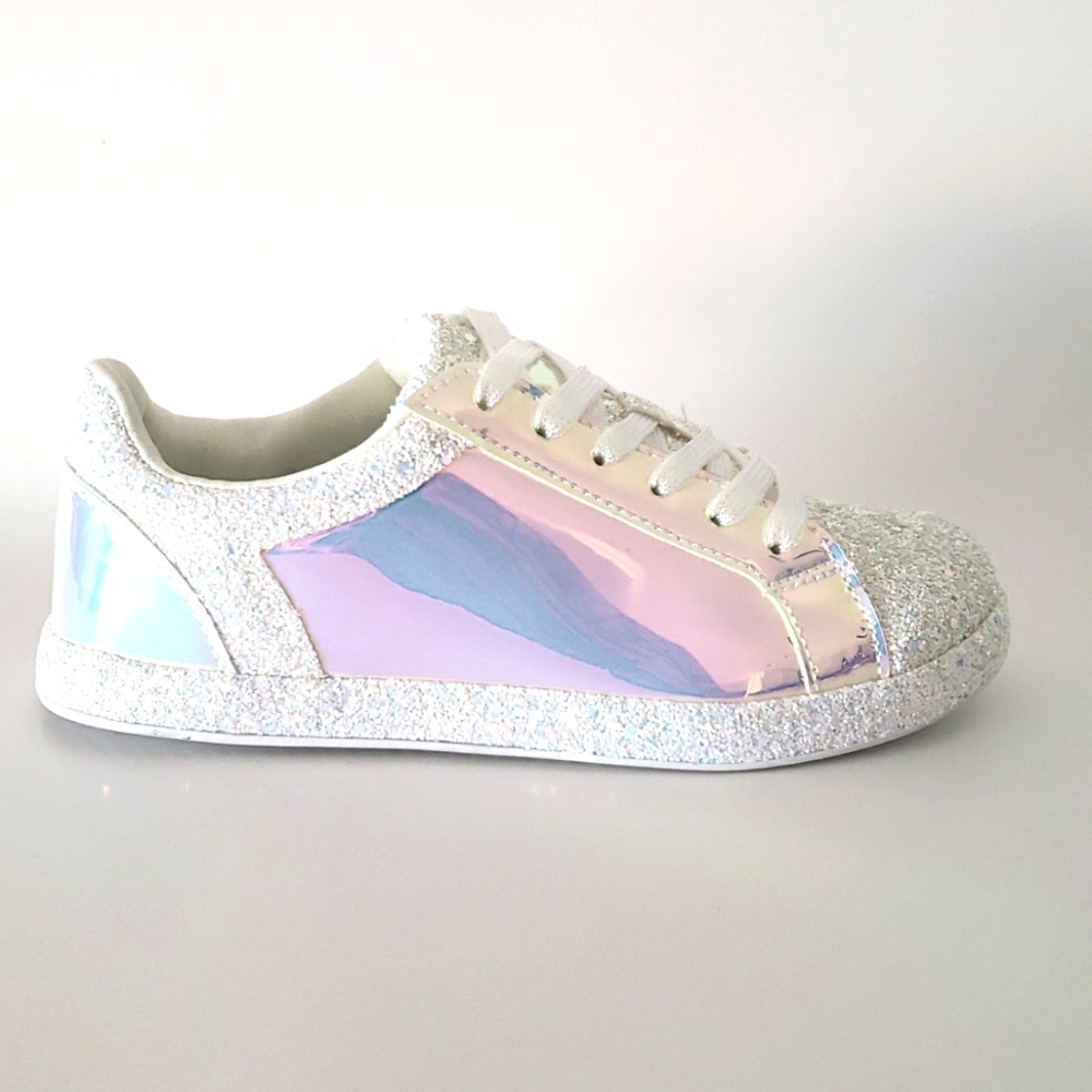 Women's Glitter Metallic Holographic Sparkle Sneakers Casual Flat Sneakers - Picture 2 of 2